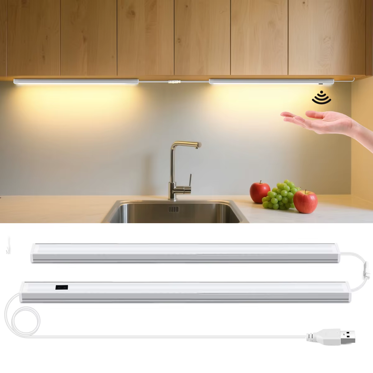 Barre lumineuse LED avec interrupteur à gâchette sans contact à onde manuelle, éclairage sous le comptoir, lampe de nuit alimentée par prise USB pour bureau, évier, établi