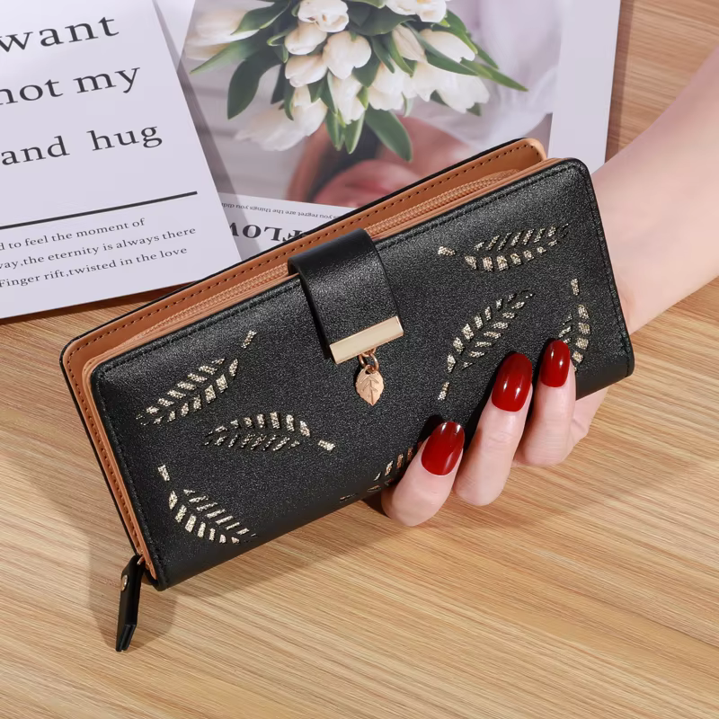 Portefeuille long en cuir PU pour femme, motif feuilles dorées ajourées, pochette, sac à main, porte-monnaie, porte-cartes, pochette de soirée