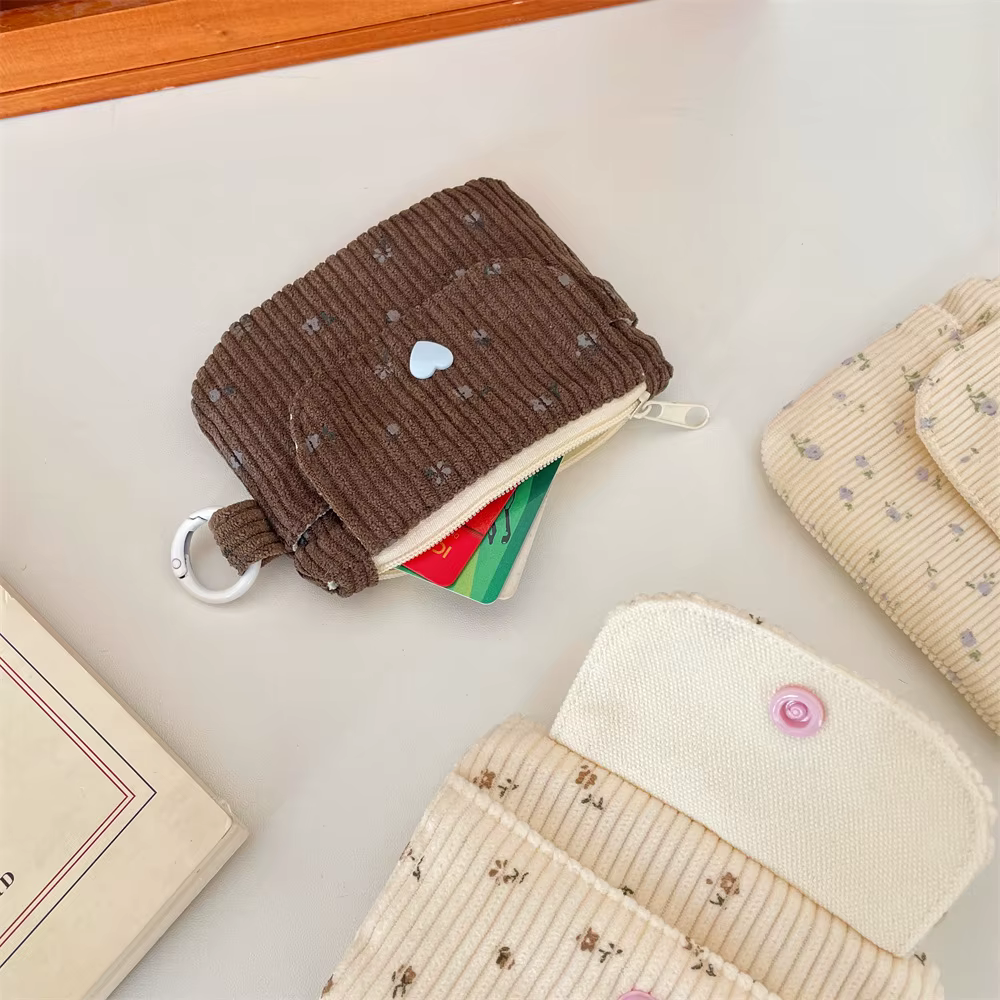 Porte-monnaie en velours côtelé imprimé avec fermeture éclair et porte-clés, petit portefeuille mignon pour enfants, porte-cartes de crédit avec fermeture éclair, porte-carte d'identité, sac à cartes