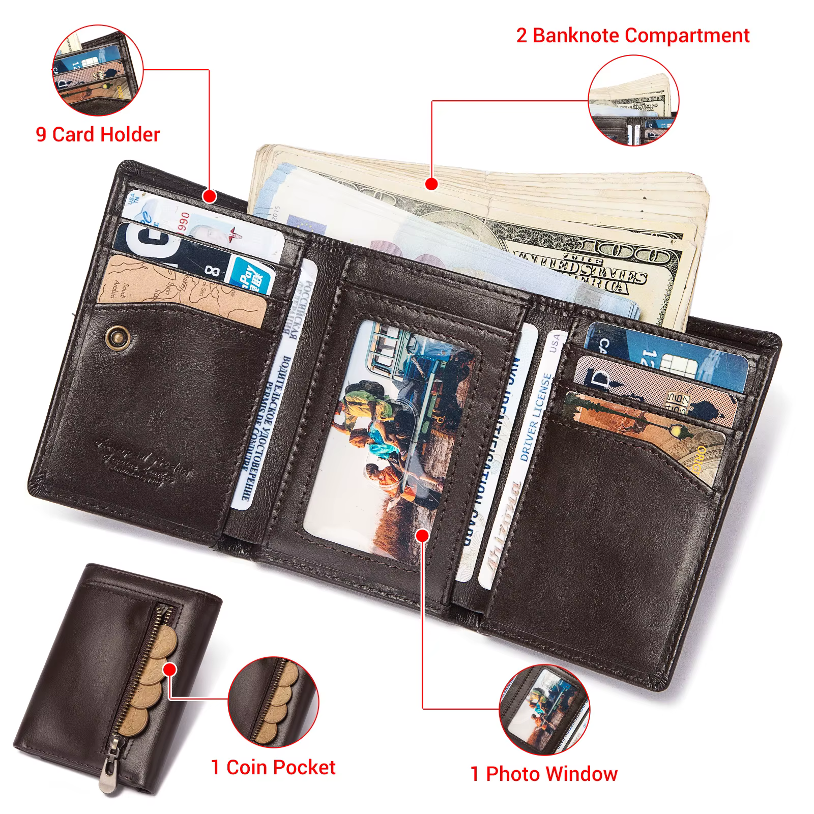 HUMERPAUL portefeuille mince pour hommes RFID Original en cuir véritable porte-cartes à trois volets petite pochette de
