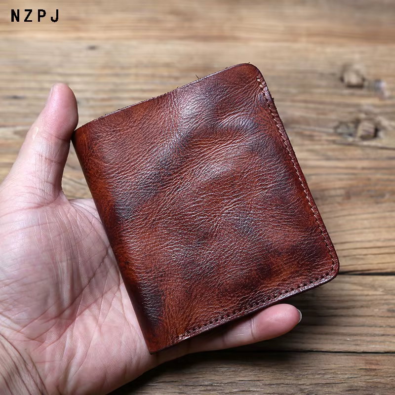 NZPJ-Portefeuille en cuir rétro pour hommes et femmes, porte-monnaie ultra-fin, couche supérieure en cuir de vachette, pince à documents verticale, court, jeune