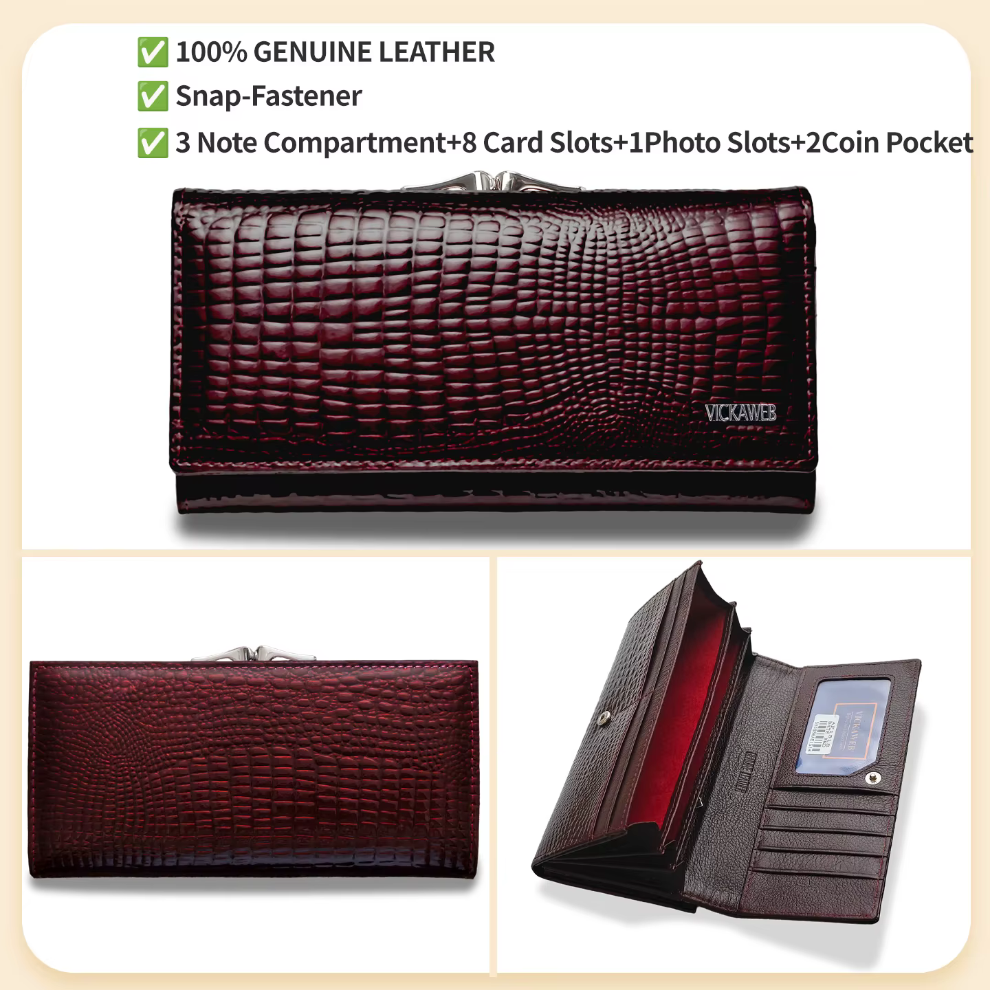 Portefeuille long pour femme en cuir véritable avec fermoir à pression