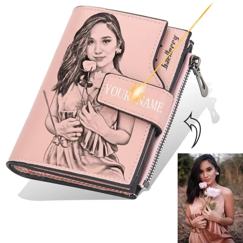 Portefeuille personnalisé avec Photo et nom pour hommes et femmes, en cuir PU, court, à trois volets, fermeture éclair, poche pour pièces de monnaie, rétro, haute capacité, cadeau
