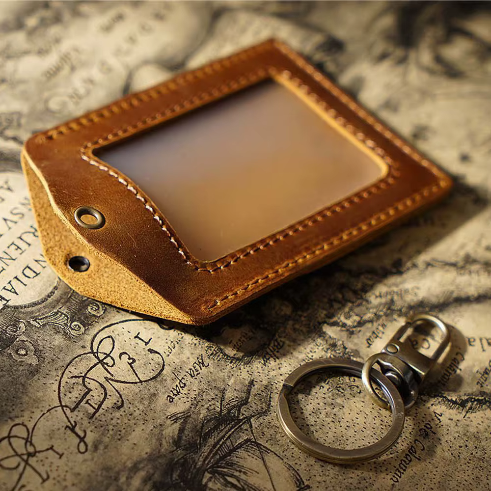 Porte-cartes en cuir véritable pour identification de travail