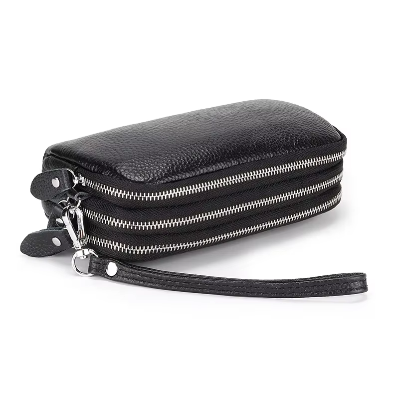 Femmes Long portefeuille en cuir véritable 3 couches fermeture éclair sac à main grande capacité bracelet pochette