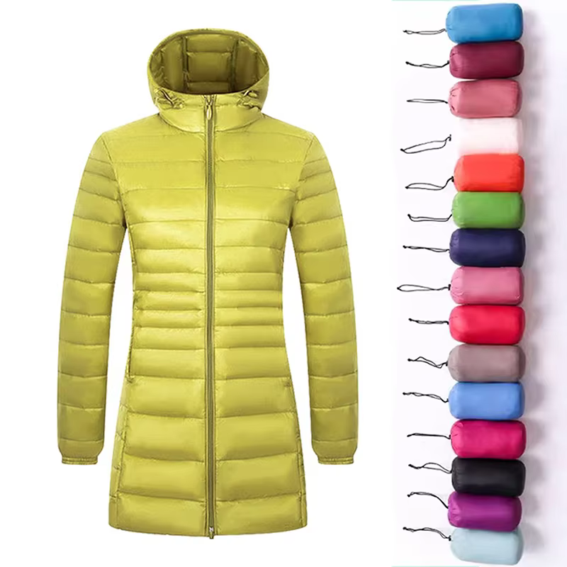 Manteau long en duvet chaud pour femme avec sac de rangement portable