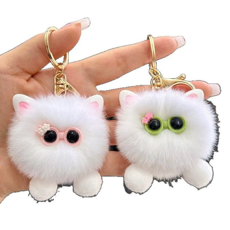 Porte-clés en peluche chaton blanc Kawaii avec lunettes, pour sac et voiture