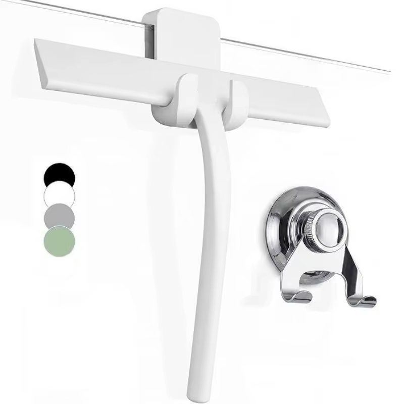 Raclette de douche ou pour miroir de porte vitrée avec support en acier inoxydable, nettoyage de vitres sans traces ni grincements, fixation 3-en-1 sans perçage (crochet/sucette)