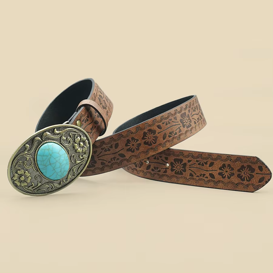 Ceinture élégante vintage royale pour femme – Design floral avec boucle bleu turquoise