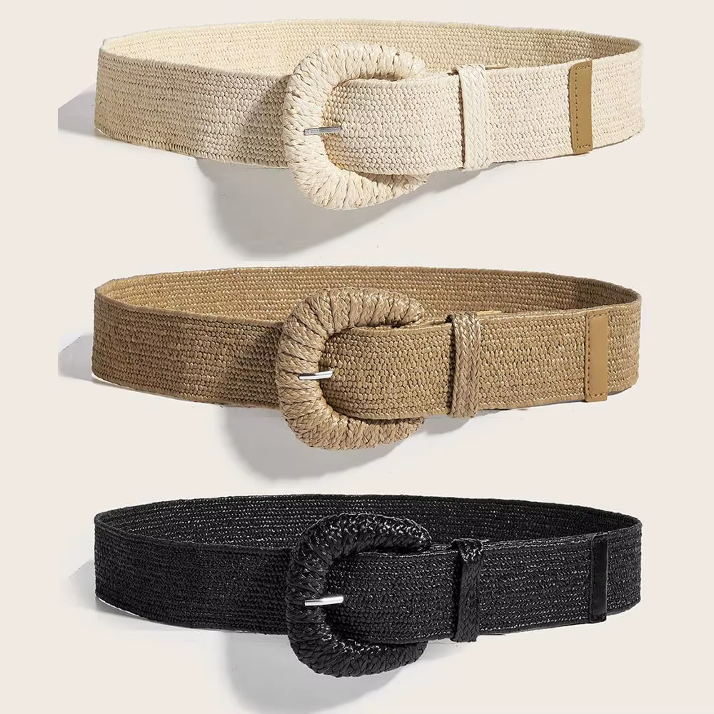 Été automne taille ceinture rétro tissé boucle ardillon ceintures Style bohème tressé large ceinture Pp paille herbe ceinture taille sangle