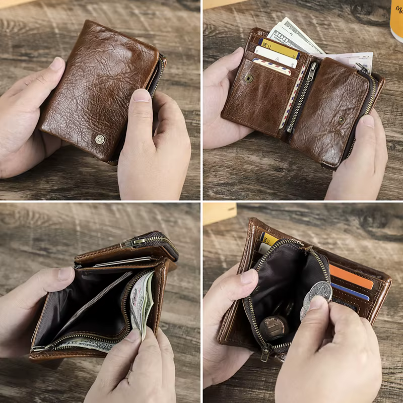 CONTATC'S-Portefeuille court en cuir véritable pour homme, portefeuille à deux volets RFID, porte-cartes de crédit, fermeture éclair de luxe, petit porte-monnaie masculin, nouveau