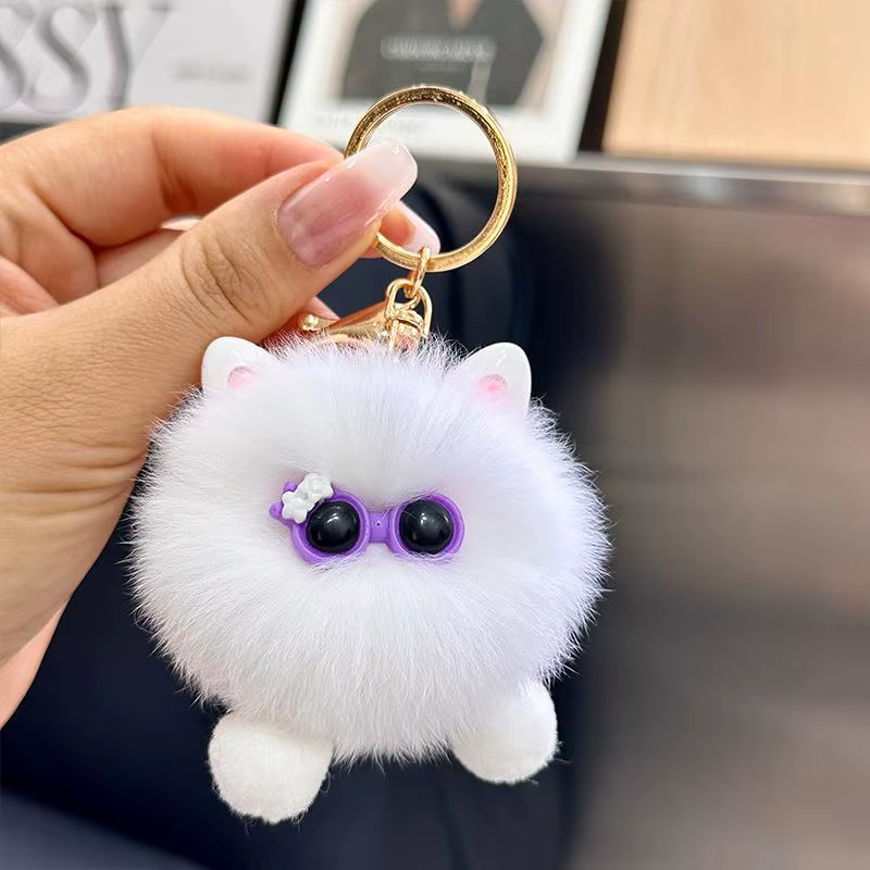 Porte-clés en peluche chaton blanc Kawaii avec lunettes, pour sac et voiture