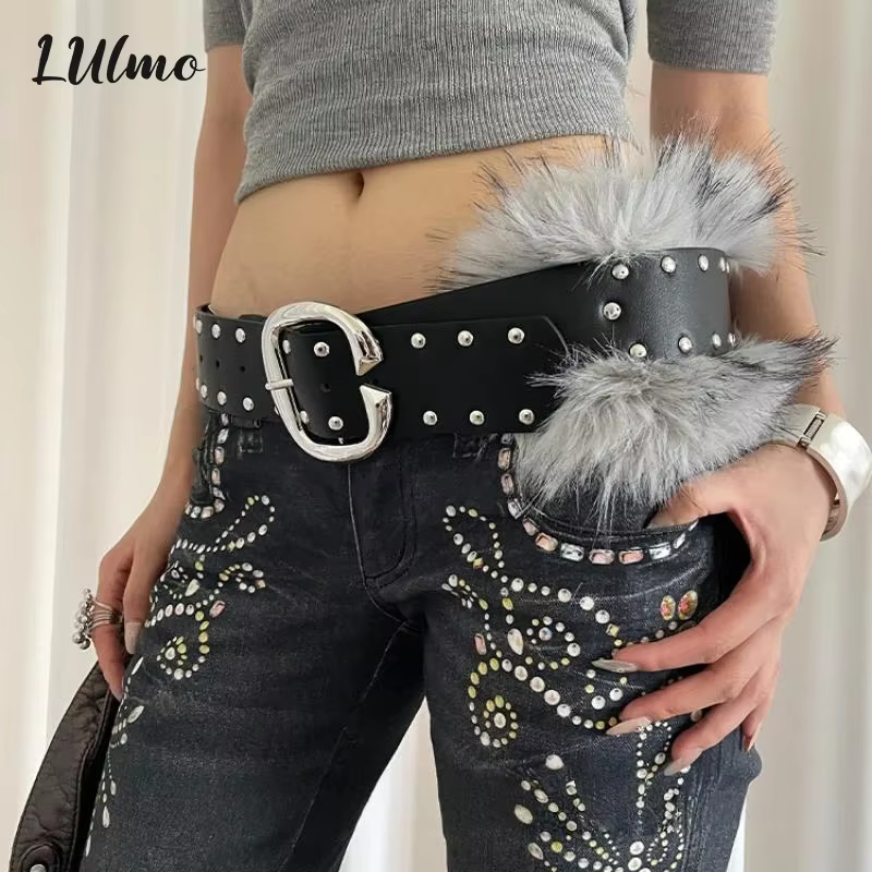 Ceinture large en fausse fourrure pour femmes, haut de gamme, Patchwork, robuste, Style Punk rétro, Rivet, avec jupe, ceinture en jean