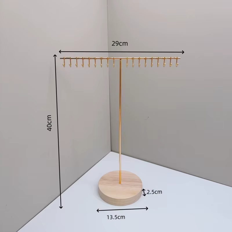 Présentoir à bijoux en métal avec base en bois, support de rangement esthétique pour colliers longs