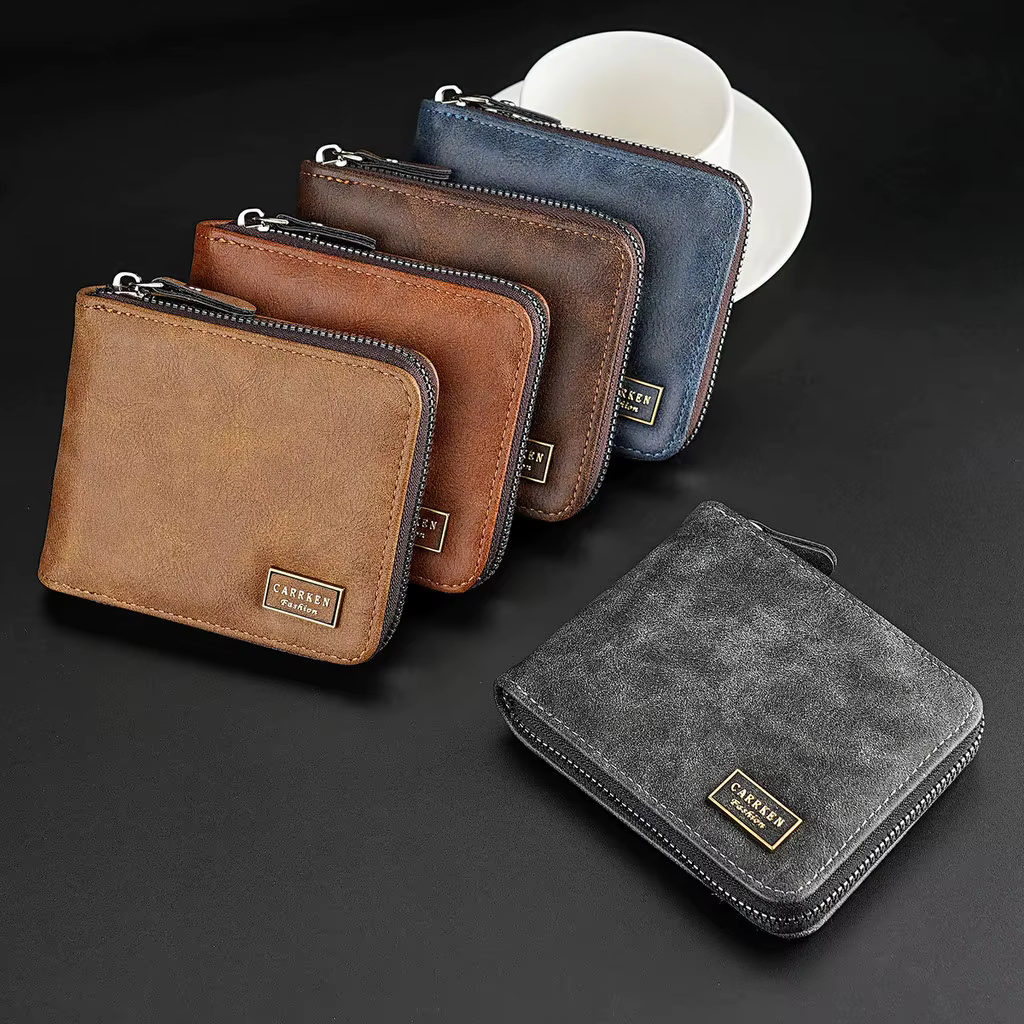 Portefeuille à fermeture éclair pour hommes avec nom gravé personnalisé - Style court avec porte-monnaie porte-carte de
