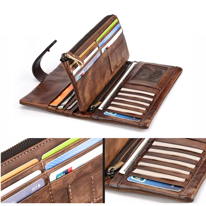 Luufan-Portefeuille long en cuir véritable vintage pour hommes et femmes
