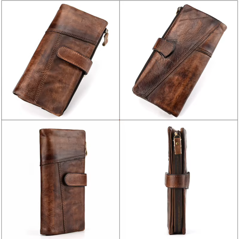 Luufan-Portefeuille long en cuir véritable vintage pour hommes et femmes
