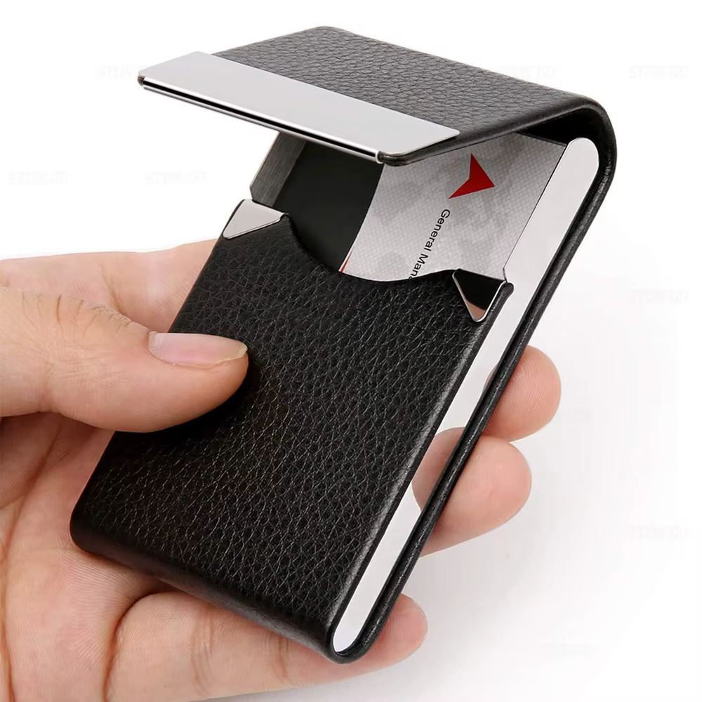 Étui porte-cartes de visite-porte-carte de poche en métal en cuir PU mince avec fermeture magnétique