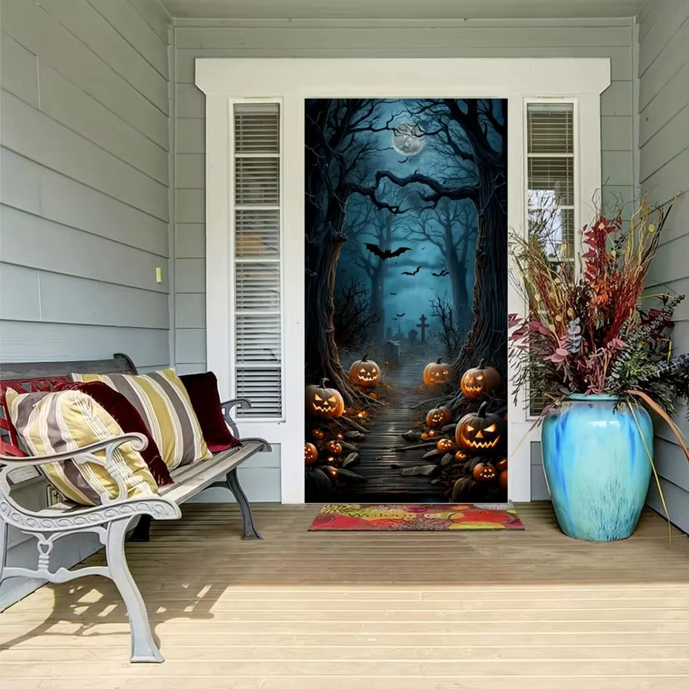 Décorations de porte d'Halloween, lune d'horreur, nuit, arbre mort, cimetière effrayante, citrouilles, bannière de couverture de porte, porte d'entrée d'Halloween, porche arrière