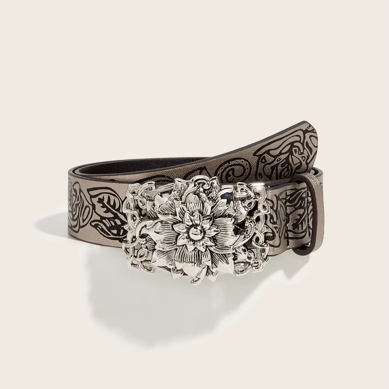 Ceinture vintage en argent avec boucle gravée florale 3D, ceinture décorative de style court en cuir noir gaufré