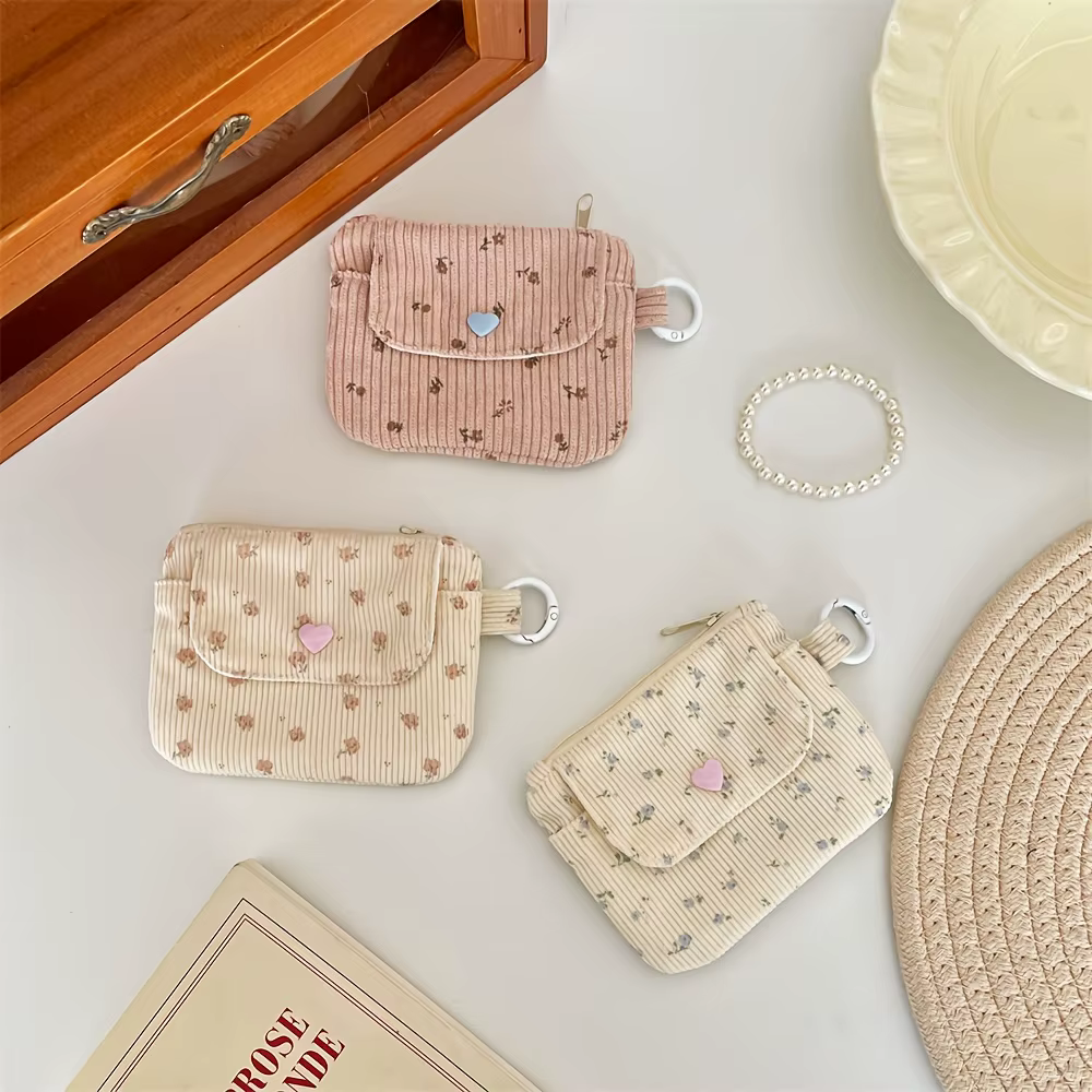 Porte-monnaie en velours côtelé, portefeuille pour femme, porte-cartes à fermeture éclair, pochette pour cartes bancaires et d'identité, trousse à maquillage pour rouge à lèvres