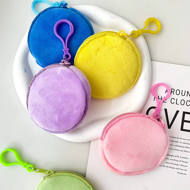 Porte-monnaie rond en peluche solide simple pour hommes et femmes