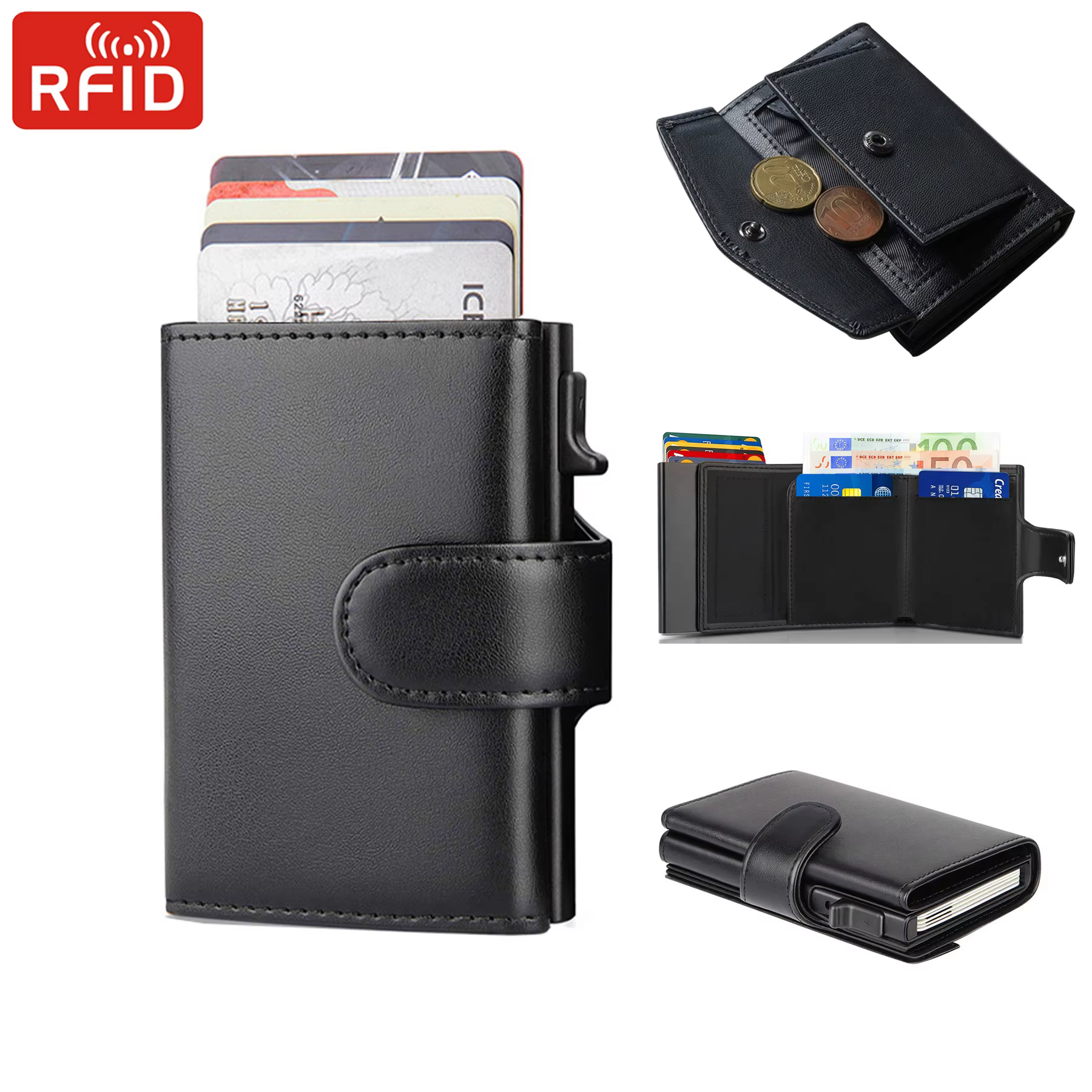 Portefeuille à trois volets en cuir microcarence Rfid pour hommes