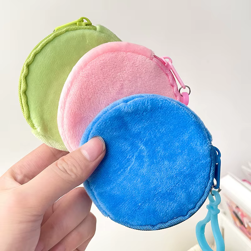 Porte-monnaie rond en peluche solide simple pour hommes et femmes