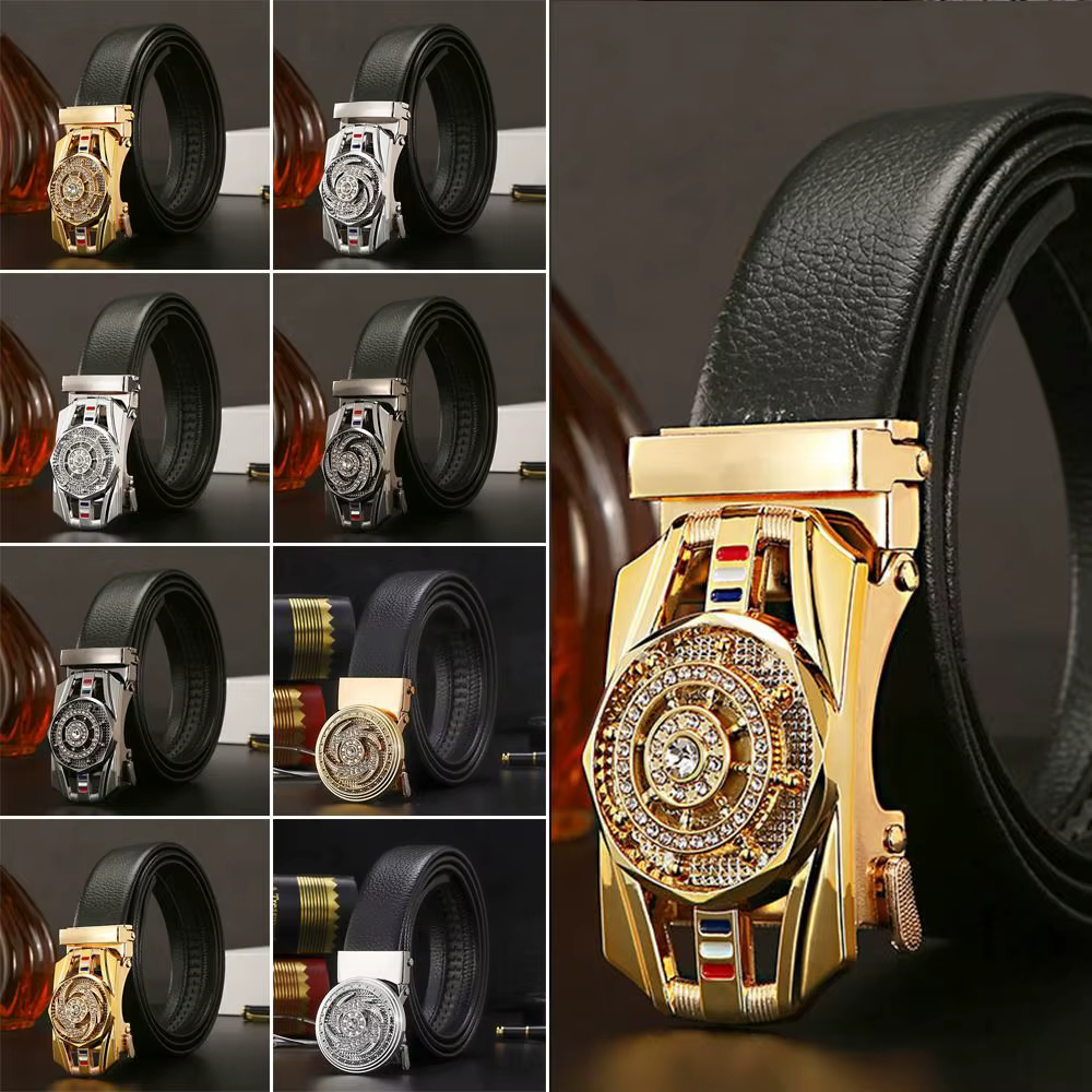 Ceinture en cuir à boucle automatique pour hommes, heure d'affaires pour courir, boucle de taille dorée, ceinture de luxe, décoration en strass