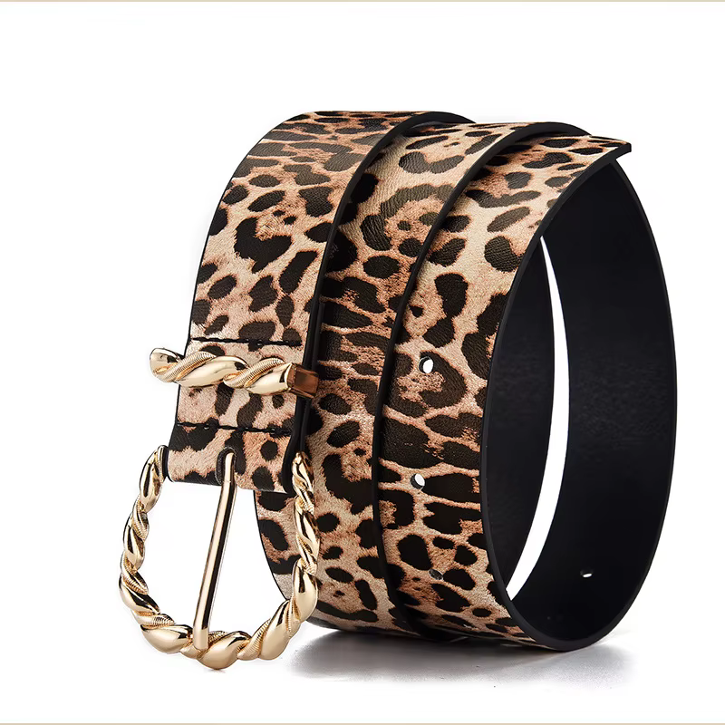 Ceinture en cuir PU à motif léopard rétro pour femmes avec boucle en alliage doré