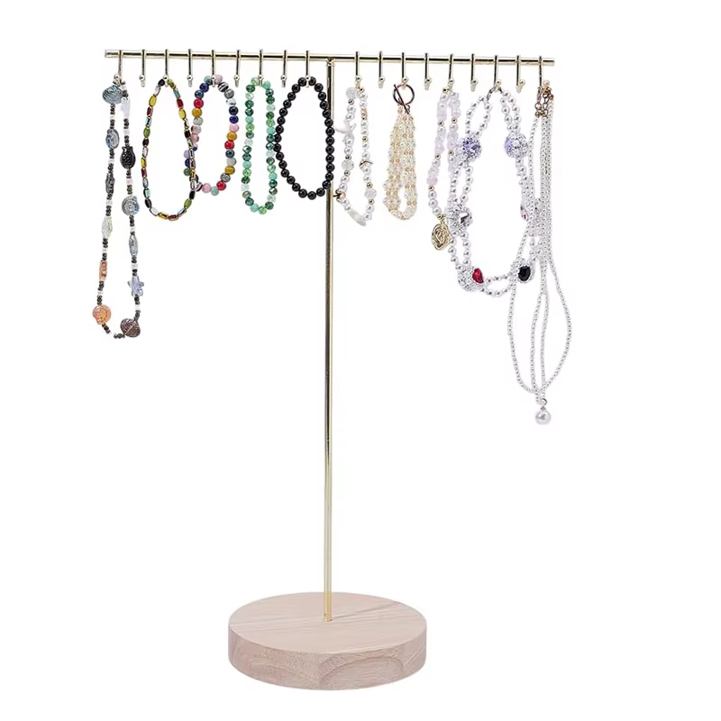 Présentoir à bijoux en métal avec base en bois, support de rangement esthétique pour colliers longs