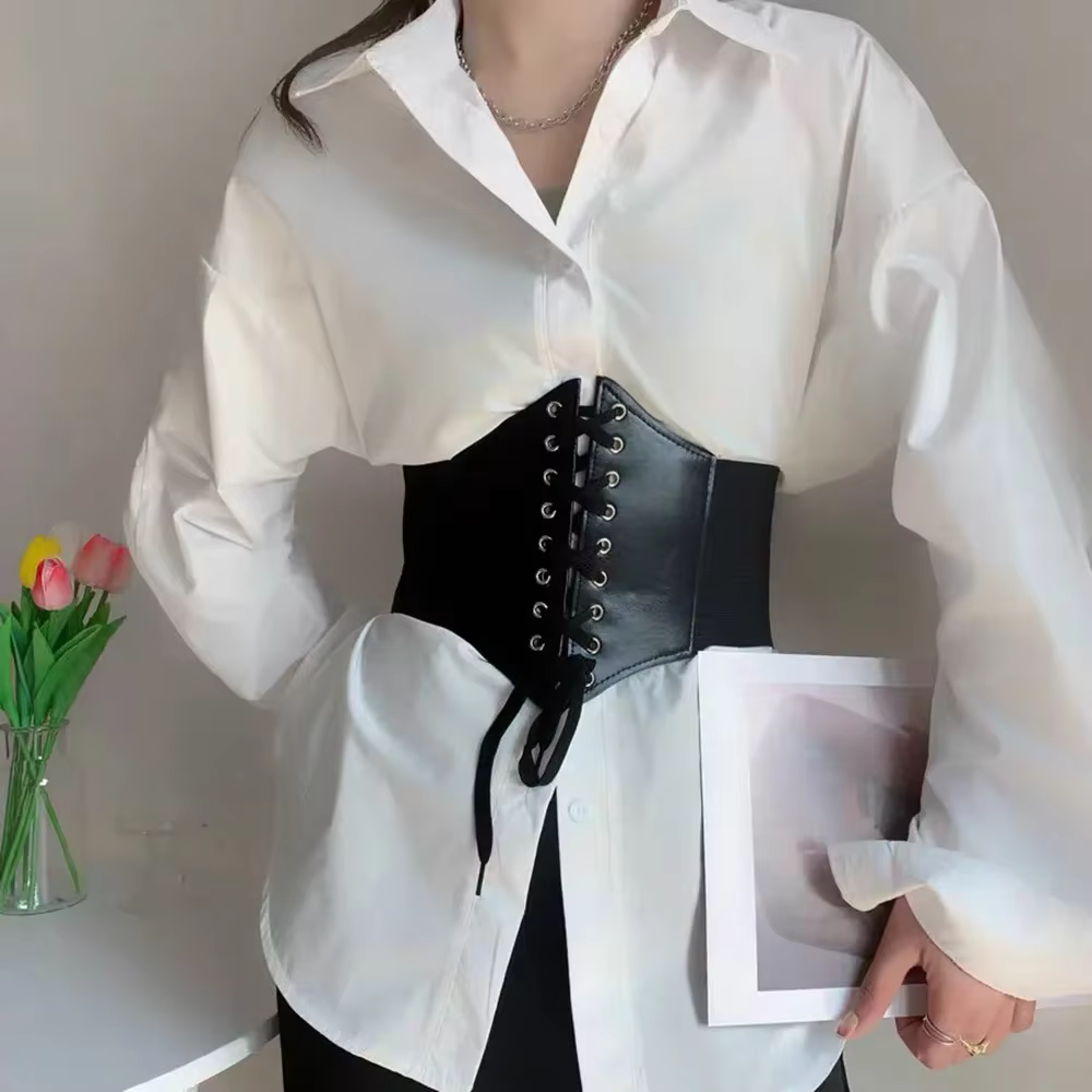 Ceinture en cuir PU pour femmes, taille élastique brodée de fleurs, à lacets, Corset Vintage, large ceinture noire pour filles