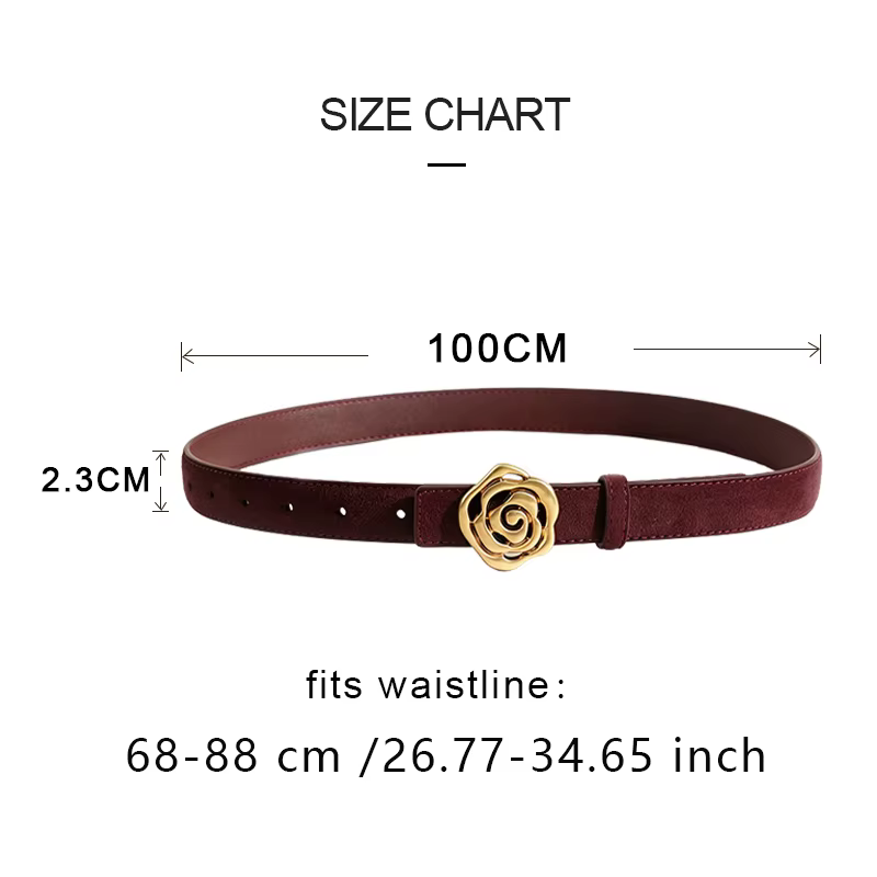 Ceinture en cuir suédé pour femme, style vintage, boucle fleur rose dorée, avec emballage cadeau, pour robe ou jean
