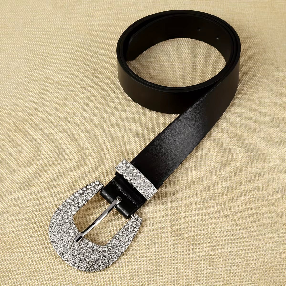 1 ceinture noire en PU pour femme avec boucle ornée de diamants