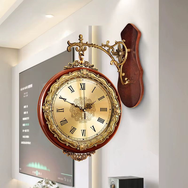 Horloge murale en bois Double face pour salon, décoration de chambre Vintage, montre murale de luxe, décoration silencieuse pour Hall d'entrée