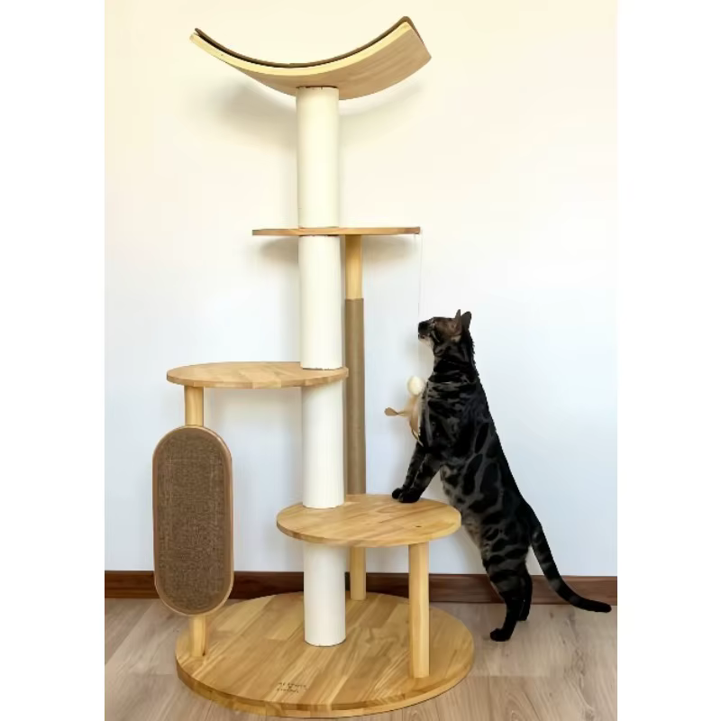 Arbre à chat d'intérieur moderne de luxe en bois courbé avec sisal durable, nouvelle conception, base circulaire pour produits pour animaux de compagnie pour Halloween