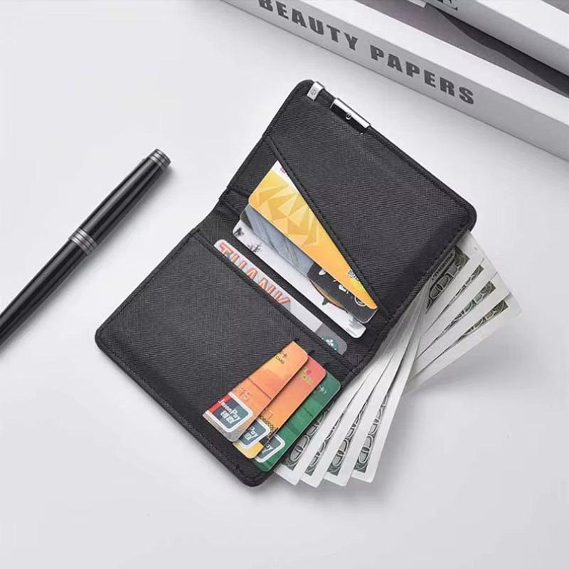Petit portefeuille mince de style business en simili cuir noir – Plusieurs emplacements pour cartes