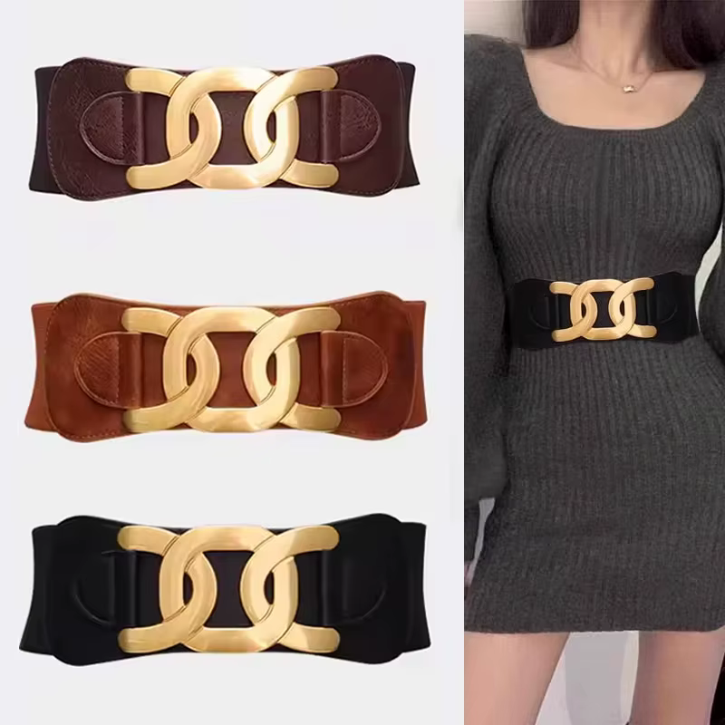 Ceintures élégantes à boucle à crochet CC dorée pour femmes