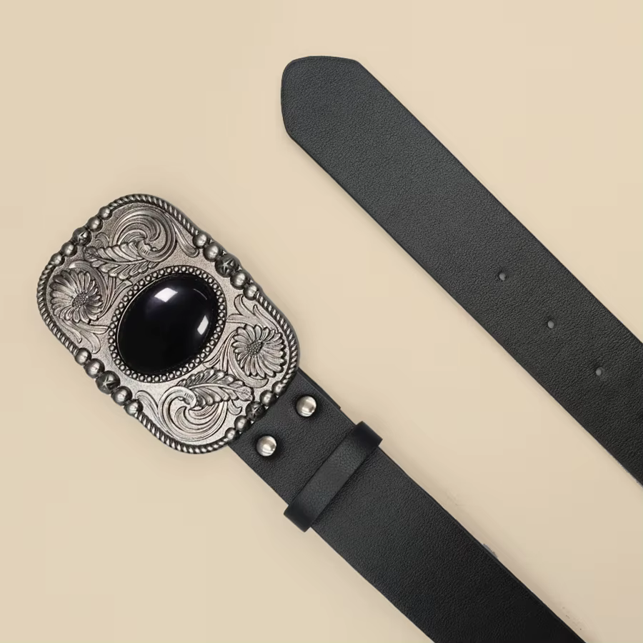 Ceinture rétro noire incrustée de Turquoise pour femmes