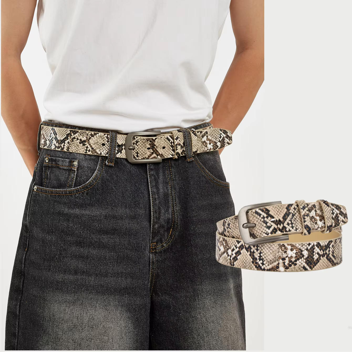 Ceinture décontractée de style occidental imprimé serpent pour hommes