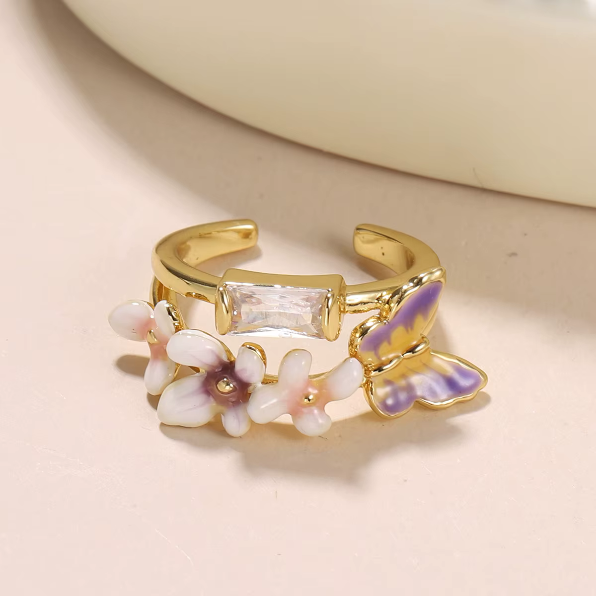 Bague Fleur Papillon pour Femme, Bague Ouverte Plaquée Or avec Papillon Violet et Fleurs en Émail Rose, Zircone Cubique