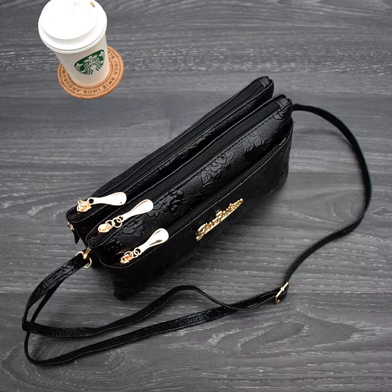 Portefeuille femme quatre fermeture éclair longue pochette 3D moletage rétro en cuir sac à main sac