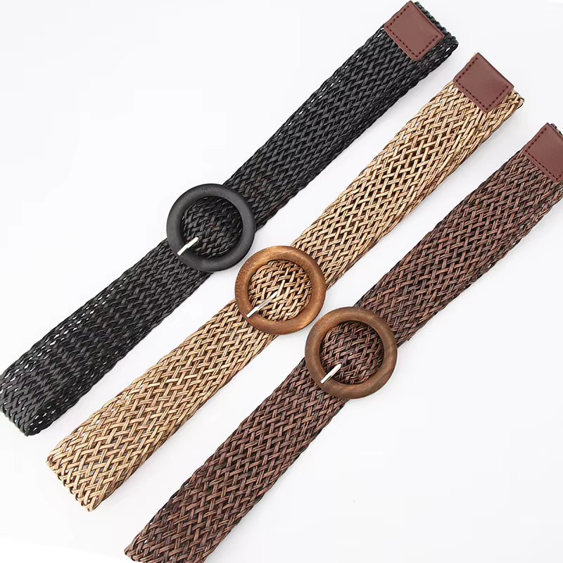 Ceinture de taille tressée noir café femme ceinture Vintage Boho ronde en bois boucle lisse fausse paille larges ceintures sangle de taille pour les femmes