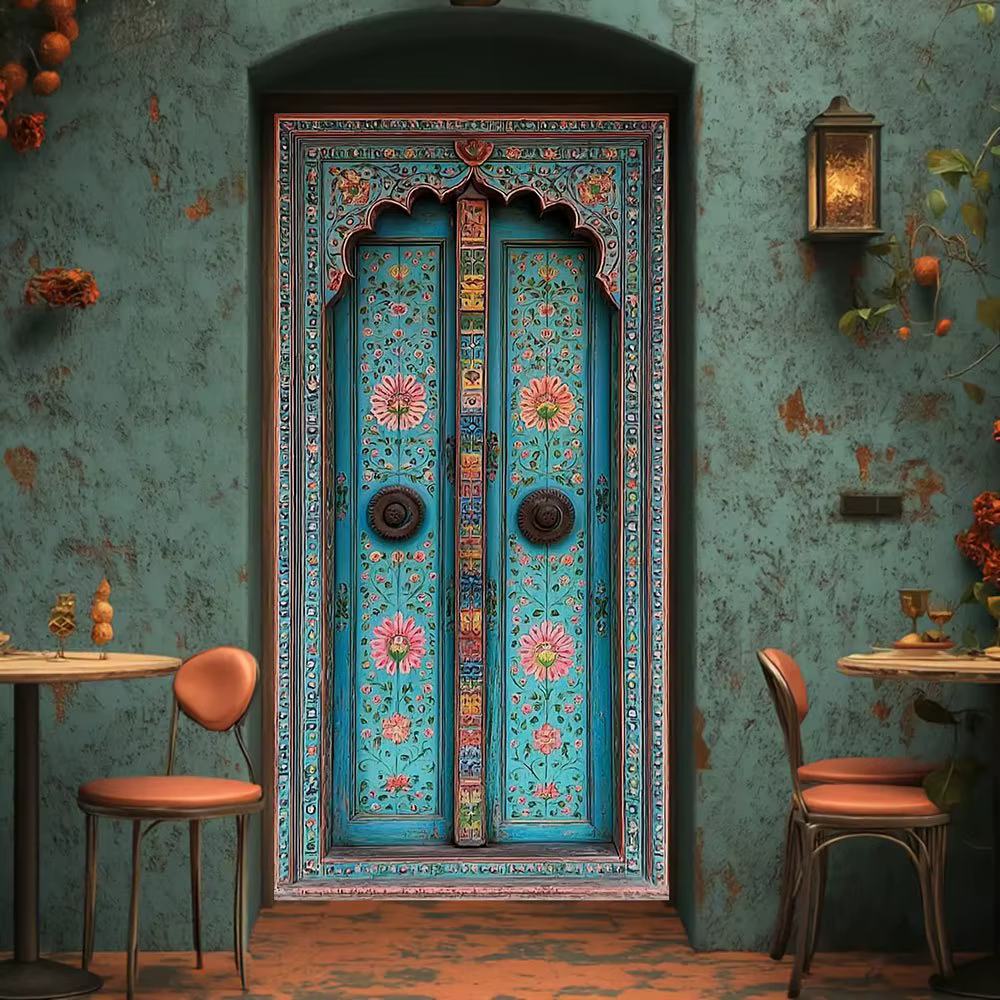 Rideau de porte 2D, 1 pièce. Bleu-vert et or combinés, imprimés dans un style profondément influencé par la culture indienne.