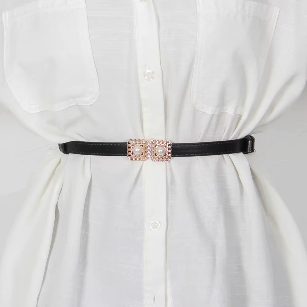 Ceinture pour femme rétro à la mode avec chaîne et perles, ceinture décorative polyvalente pour manteaux et robes, boucle en métal, ceinture en cuir fine pour femme