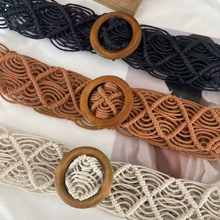 Ceinture en corde cirée tressée à la main style bohème, accessoire ethnique printemps/été avec boucle en bois pour robes