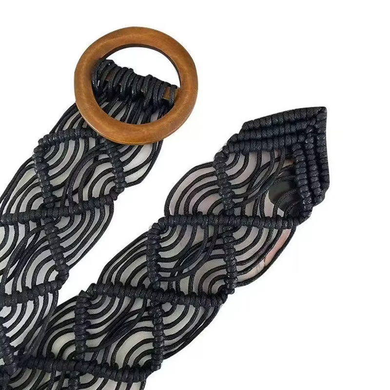 Ceinture en corde cirée tressée à la main style bohème, accessoire ethnique printemps/été avec boucle en bois pour robes