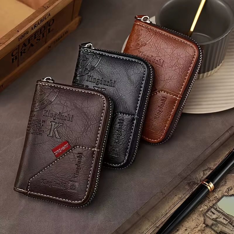 ​ ​ Portefeuille mince en cuir PU vintage – Porte-cartes à 11 emplacements avec fermeture éclair et blocage RFID