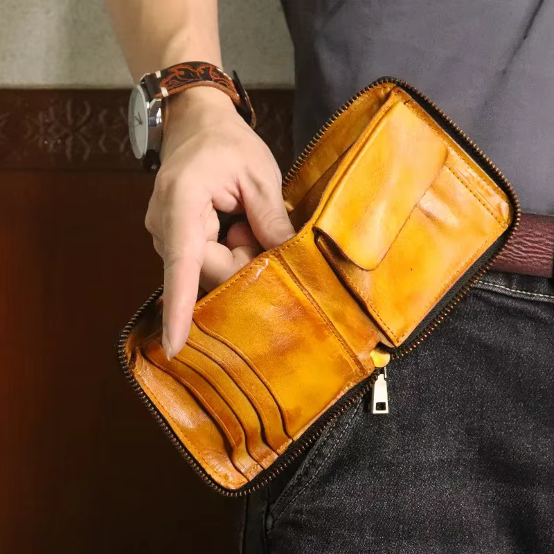 Portefeuille court vintage pour homme simple en cuir véritable doux avec fermeture éclair multi-fonctions porte-monnaie pour homme en cuir de vachette naturel petit sac d'argent avec poche à moraillon
