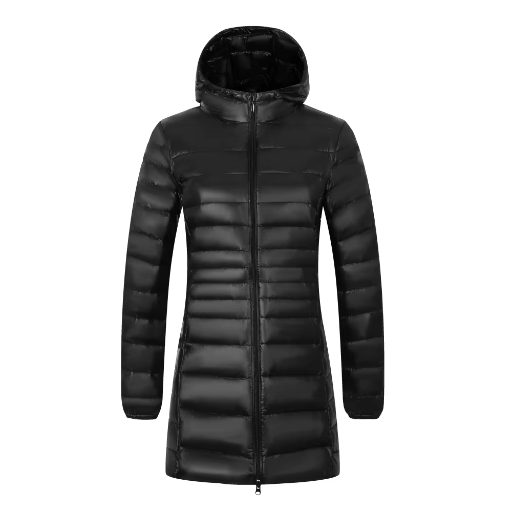 Manteau long en duvet chaud pour femme avec sac de rangement portable